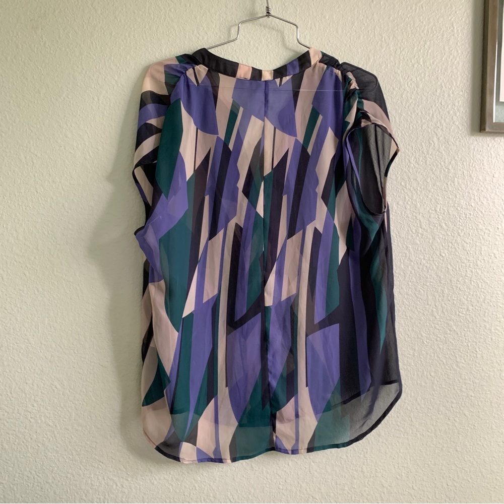 COLLECTIVE CONCEPTS short cap sleeve blouse top sheer shirt geometric print L - Picture 3 of 11